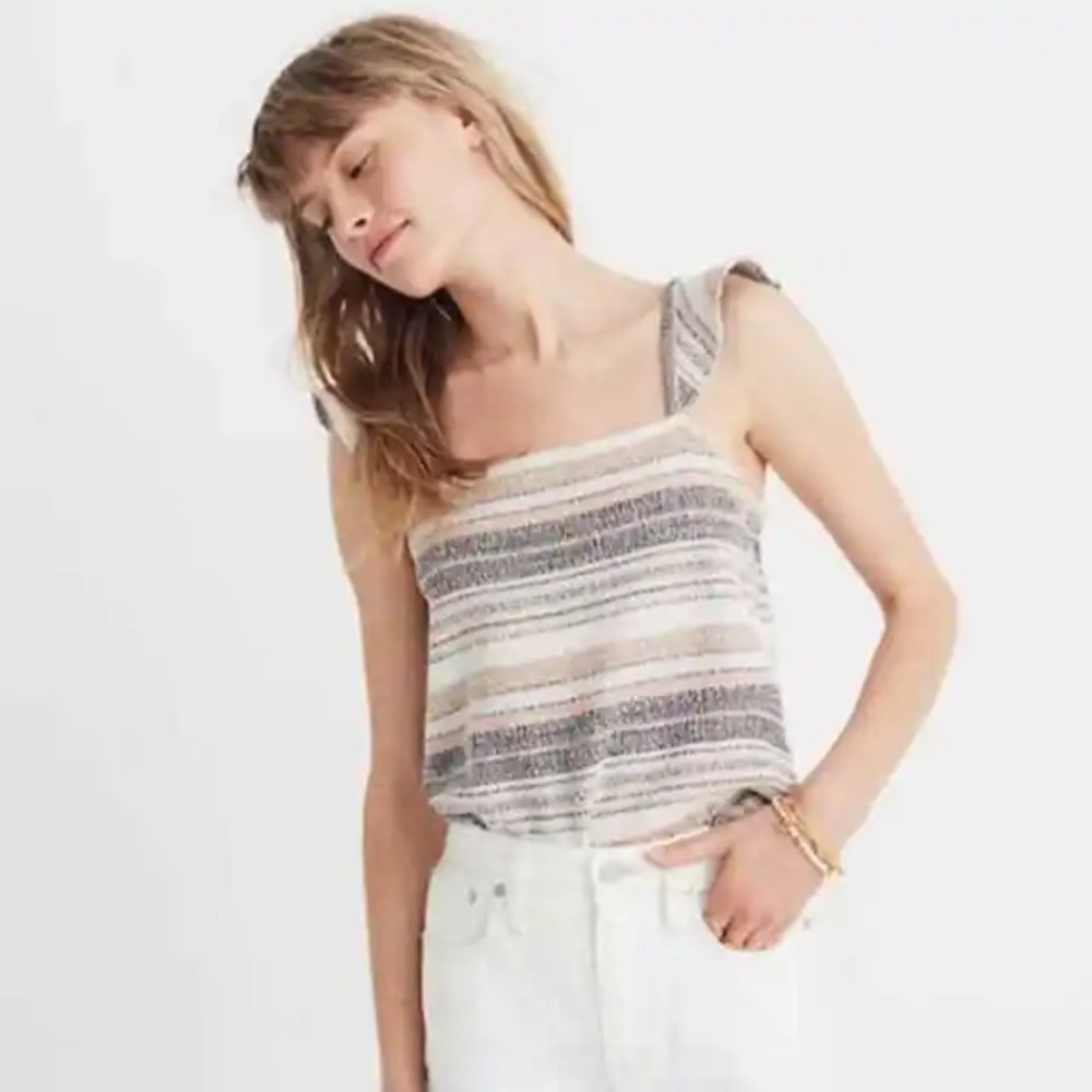 *Madewell Texture & Thread Ruffle Strap Women’s Large Striped Tank Top Blouse#Gr